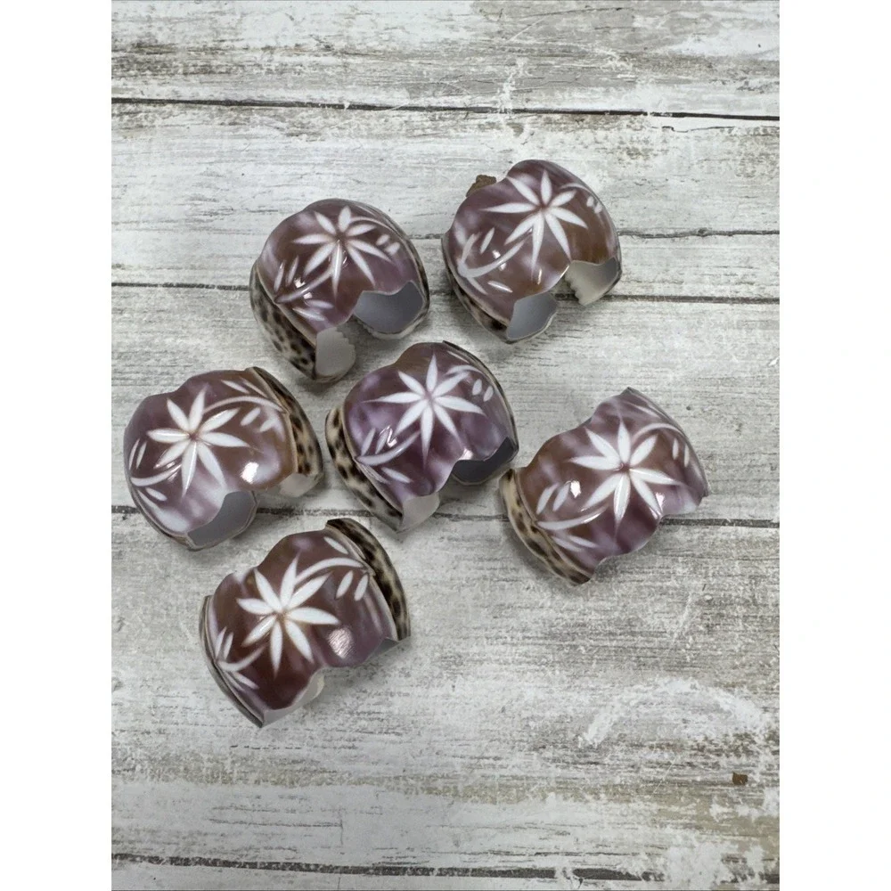 Vintage Hand Carved Cowrie Shell Napkin Rings Set of 6 Floral Etched Coastal